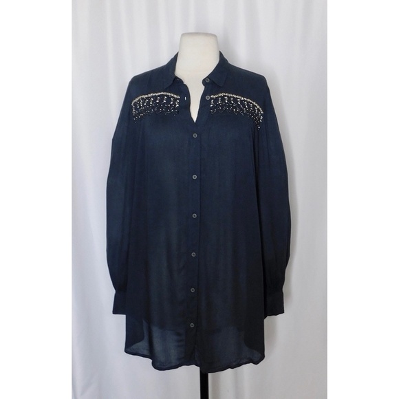 Anthropologie FLOREAT Beulah Navy Blue Beaded Top Blouse Tunic Beading Small - Picture 3 of 15